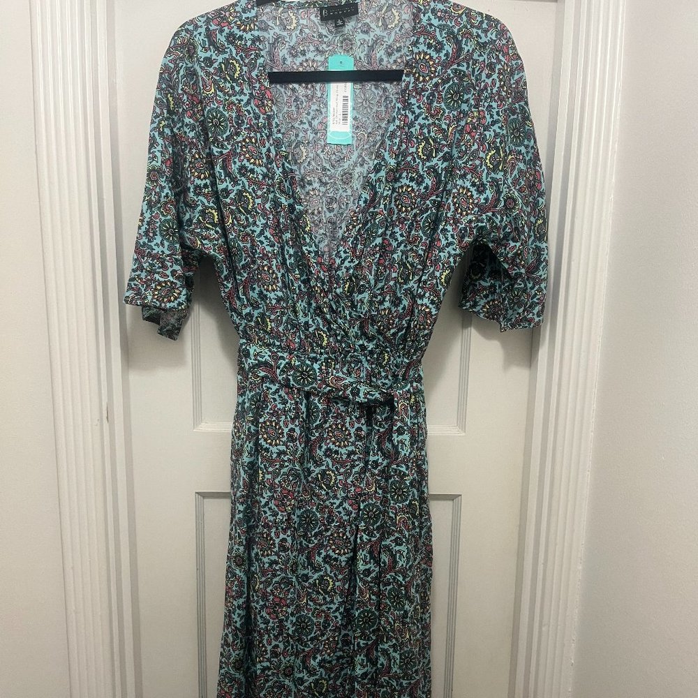 NWT Dolman Midi Asymmetrical faux wrap floral dress with ruffle detail
